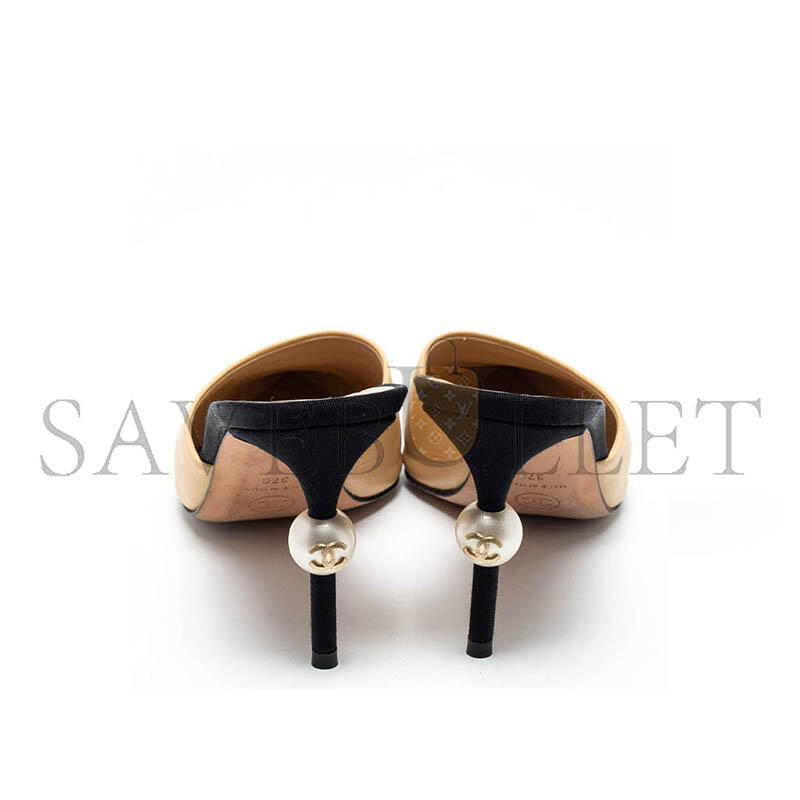Ch**el beige black leather and canvas cc pearl embellished heel mules